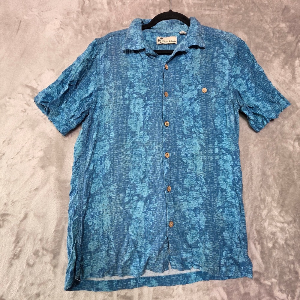 Oliver & Burke Mens Blue Tropical Floral Rayon Short Sleeve Button Up Shirt M